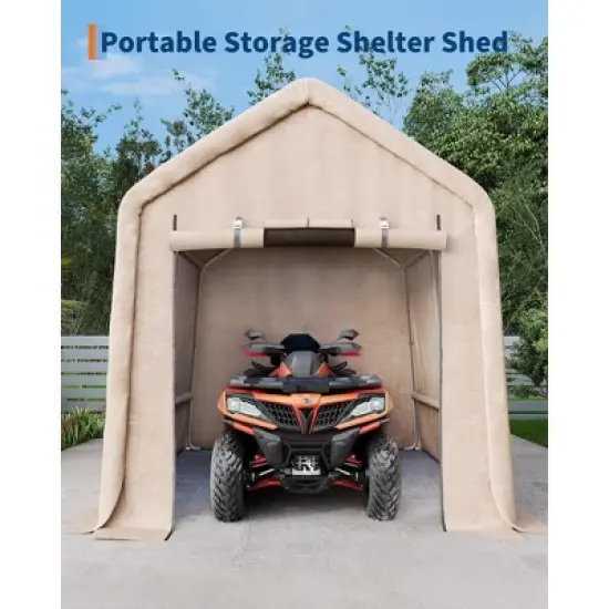 10x10FT Outdoor Storage Shed Carport with  Roll-Up Zipper Door, Portable Garage Storage Shelter Heavy Duty Waterproof PE Tarp for Bike, ATV, Khaki image {4}