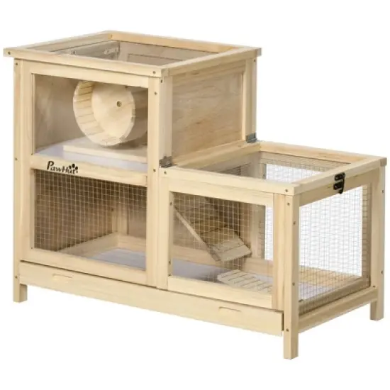 PawHut Extra Large Wooden Hamster Cage W/ Sliding Tray, Seesaw, Small Animal Habitat with Openable Roof, Wide Ramp for Racing, Running Wheel, Natural image {3}