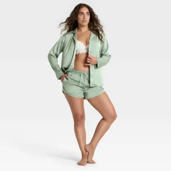 Women's Satin Notch Collar Long Sleeve Shirt and Shorts Pajama Set - Auden&trade; image {2}