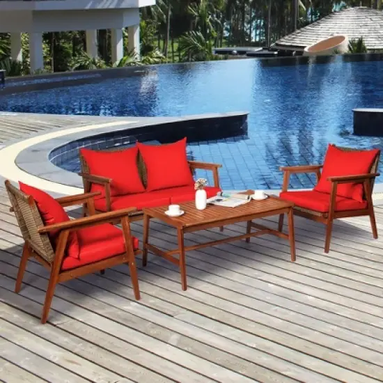 Costway 4PCS Patio Rattan Furniture Set Acacia Wood Frame Cushioned Sofa Chair image {1}