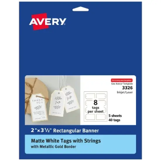 Avery Tags with Metallic Gold Borders and Strings, 2" x 3.5", 40 Total, Laser/Inkjet Printable Tags (3326) image {8}
