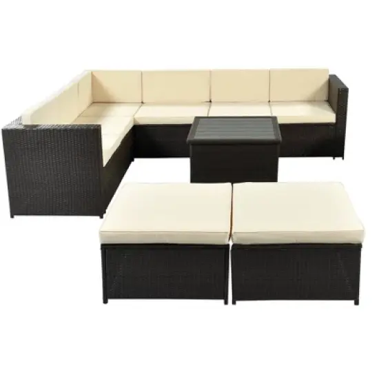 9pc Wicker Patio Sectional Seating Set with Cushions - Beige - GODEER image {2}