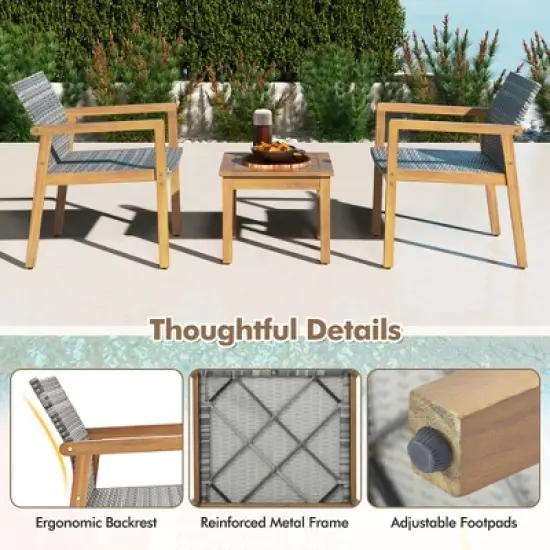 Costway 3 PCS Outdoor Furniture Set, Acacia Wood Frame Sofa Set with Rattan Seat image {7}