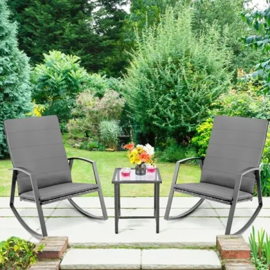 Costway 3PCS Patio Rattan Rocking Chair Table Furniture Set Yard Cushion image {11}