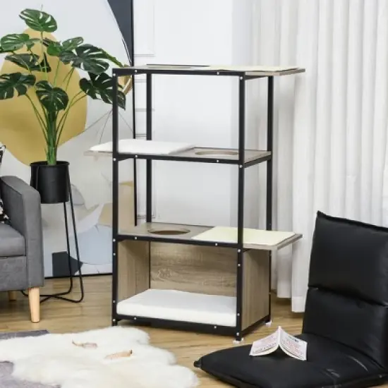 PawHut 48"H Cat Tree Cat Activity Tower with 3 Climbing Platforms, 1 Condo, Scratch Pad and Removable Cushions, gray/Black image {1}