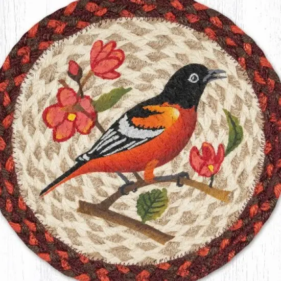 Earth Rugs Hand Stenciled Oriole Bird Jute Trivet Round 10 Inch Rustic Table Protector image {2}
