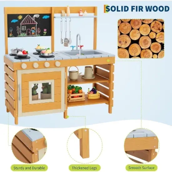 Outdoor Wooden Mud Kitchen w/ Cookware, Removable Sink/Faucet & Chalkboard - Storage Shelves, Stove Toddler Playset Ages 3+ image {5}
