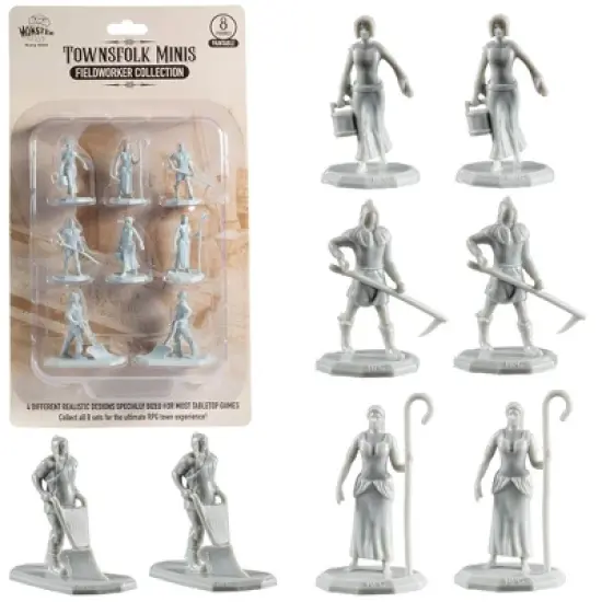 Monster Townsfolk Mini Fantasy Figures - 8pc Paintable Fieldworker Non Player Character NPC Miniatures - 1 image {1}