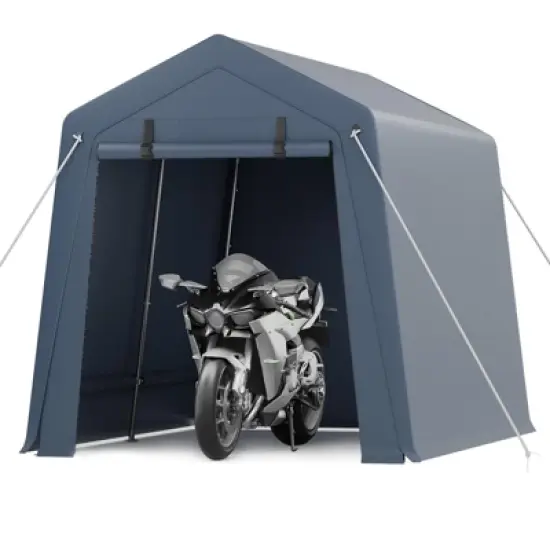 Outdoor Storage Shed with Floor, Heavy Duty Waterproof PE Tarp, Portable Metal Carport Garage Tent, 2 Roll-Up Doors & Vents, for Motorcycle image {9}