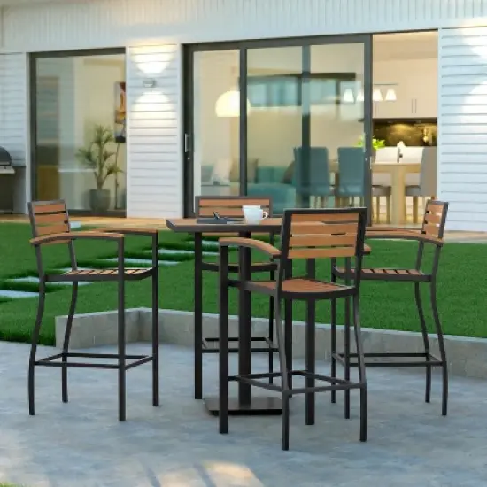 Emma and Oliver Outdoor Bar Height Table with Faux Teak Poly Slats image {4}