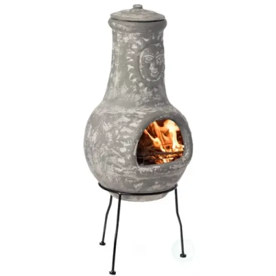 Vintiquewise Outdoor Clay Chiminea Fireplace Sun Design Wood Burning Fire Pit with Sturdy Metal Stand, Barbecue, Cocktail Party, Cozy Nights Fire Pit image {7}