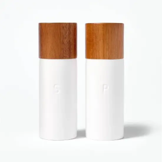 Ceramic Salt and Pepper Grinder Set Cream - Figmint&trade;: Wood & Stoneware, 6.25" Height, 55 Volume Capacity, 2-Piece Set image {4}
