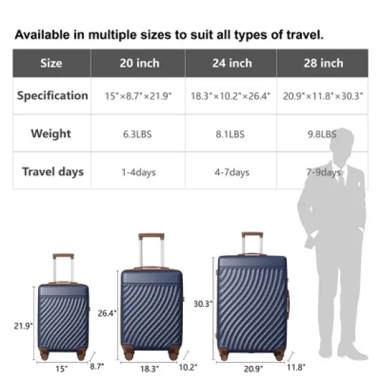 3-Piece ABS Hardshell Luggage Set, Suitcases with Spinner Wheels and TSA Lock (20", 24", 28"), Grey image {5}