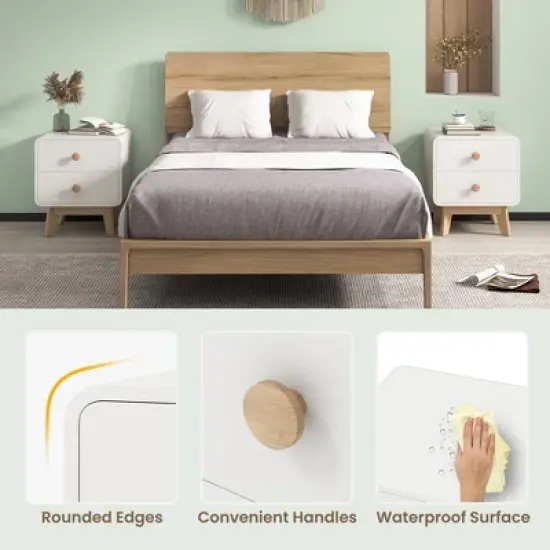 Costway 1/2 PCS Nightstand Mid Century Modern Bedside Table with 2 Drawers Solid Rubber Wood Legs White image {5}