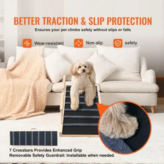 VEVOR Dog Ramp, Folding Pet Ramp for Bed, Adjustable Dog Ramp for Small, Large, Old Dogs & Cats, Wooden Pet Ramp with 47.2" Long Ramp image {2}