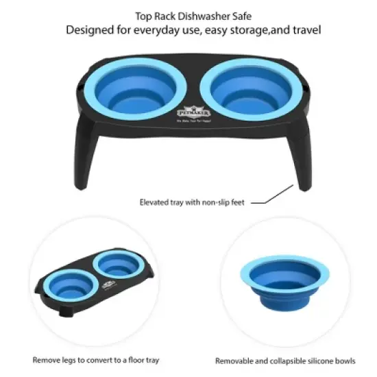 Elevated Pet Bowls with Nonslip Stand for Dogs and Cats - Removable and Collapsible Silicone Feeder for Food and Water - 16oz Each by PETMAKER (Blue) image {2}