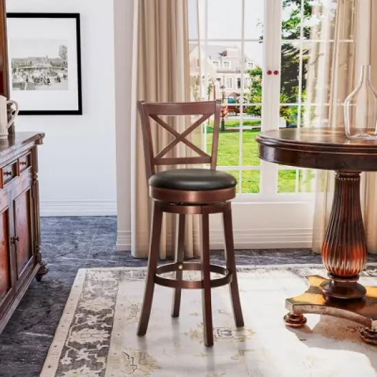 HOMCOM Traditional Bar Stool, 31 Inch Seat Height Barstool, Swivel PU Leather Upholstered Chair, with Cross Back and Rubberwood Frame image {2}