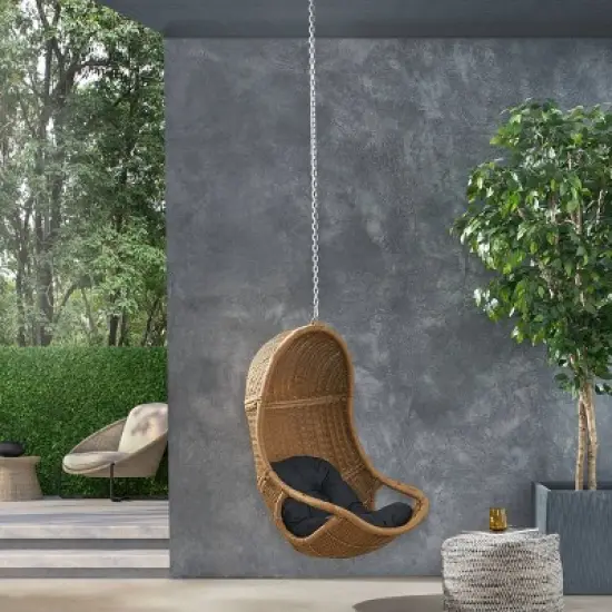 Orville Indoor/Outdoor Wicker Hanging Chair with 8' Chain - Light Brown/Dark Gray - Christopher Knight Home image {1}