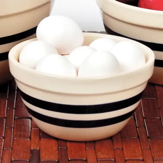 Ohio Stoneware Shoulder Bowls USA Made Tan with Blue Stripe Set of 3 Sizes image {1}