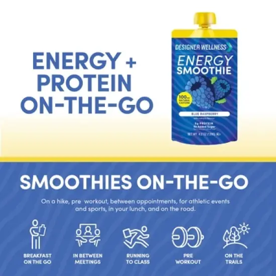 Designer Wellness Energy Smoothie, Real Fruit, 100mg Natural Caffeine, 5g Protein, Low Carb, Zero Added Sugar, Gluten-Free, Blue Raspberry, 12 Count image {4}