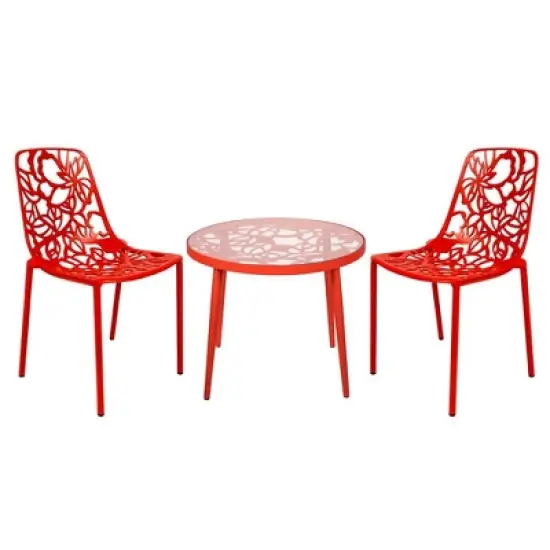 LeisureMod Devon 3-Piece Aluminum Outdoor Patio Dining Set with Tempered Glass Top Table and 2 Stackable Flower Design Chairs image {18}