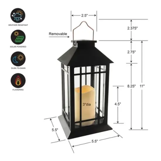 LumaBase Solar-Powered Lantern with LED Candle - Black Window image {9}