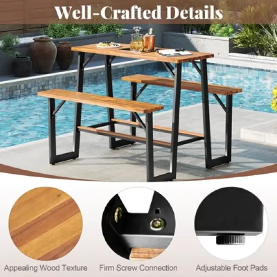 Costway Patio Picnic Table Bench Set with Acacia Wood Tabletop Benchtop Built-in Footrests image {8}