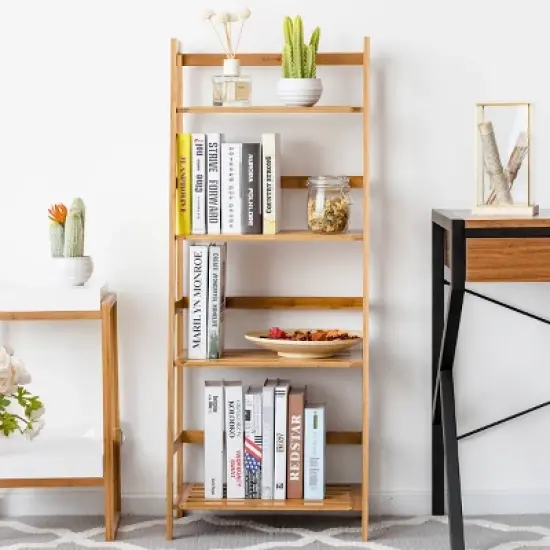 Costway Multifunctional 4 Shelf Bamboo Bookcase Ladder Plant Flower Stand Rack Storage image {3}