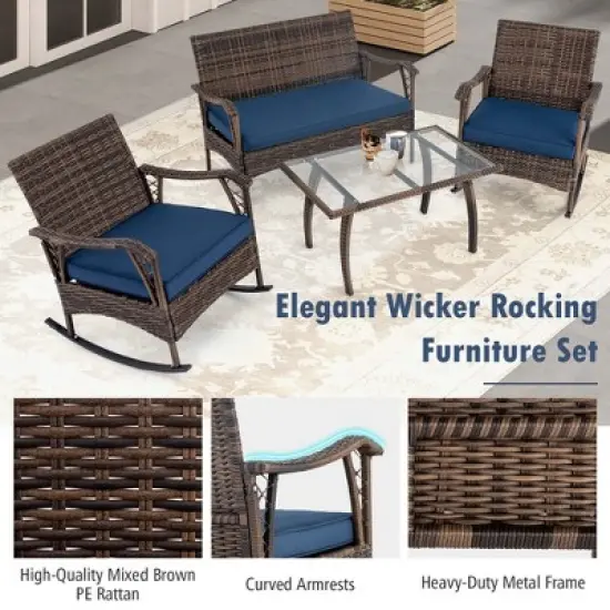 Tangkula Set of 4 Wicker Rocking Set 2 Patio Rattan Rocker Chairs w/Loveseat & Coffee Table Heavy-Duty Metal Frame & Bungee Rope Seat Navy image {7}