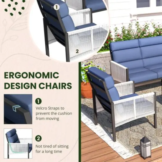 COWLOWN 4 Piece Blue Aluminum All Weather Modern Sectional Patio Furniture Set with Plush Thick Cushions image {5}