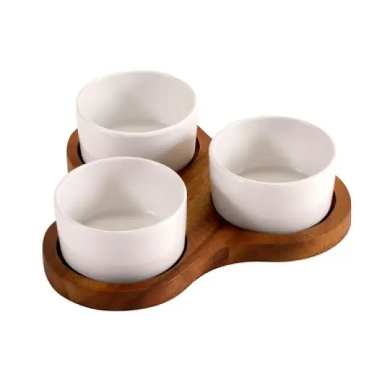 Kalmar Home Acacia WoodTriangular Serving Set with 3 White Ceramic Dishes image {2}