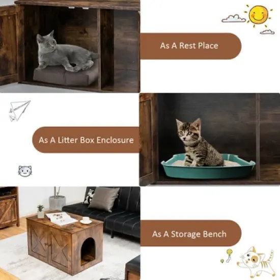 Costway Wooden Cat Litter Box Enclosure Hidden Cabinet Furniture w/ Divider Pet House image {5}