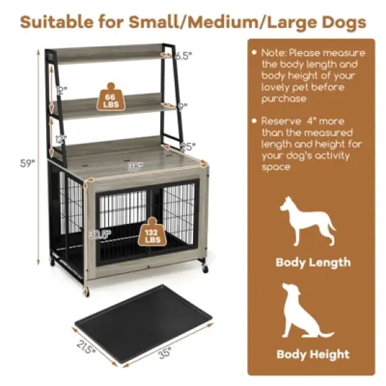 Costway 38&rdquo; Heavy-Duty Dog Kennel on Wheels w/ Pull-out Tray Indoor Pet Furniture Wood Dog House Gray image {2}