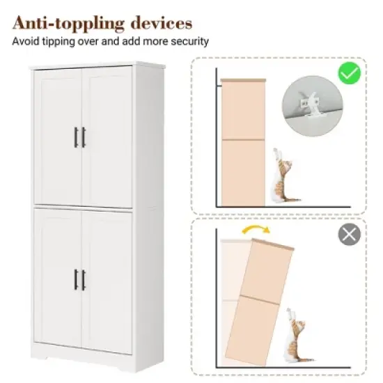 Homhougo 70in Tall Kitchen Pantry Cabinet, Freestanding Storage Cabinet with 4 Doors and Adjustable Shelves, Large Utility Hutch Cupboard White image {7}