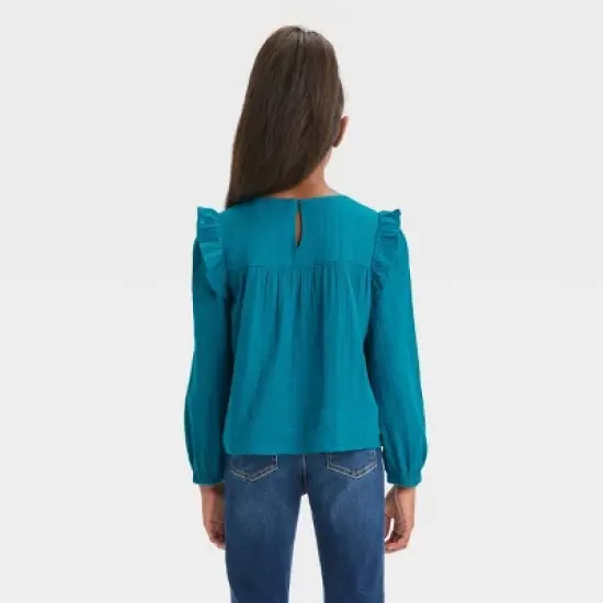 Girls' Long Sleeve Woven Ruffle Shirt - Cat & Jack&trade; Teal Blue image {1}