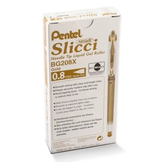 Pentel Arts Slicci METALLIC (0.8mm) Needle Tip Med Gel Pen, Gold Metallic Ink, Pack of 12 image {8}