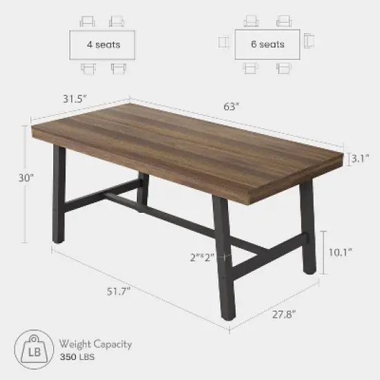 Nasitip Dining Table for 4-6, 63" Long Wooden Kitchen Table with Sturdy Metal Frame,Rectangular Counter for Living Room, Kitchen, Dining Room image {2}
