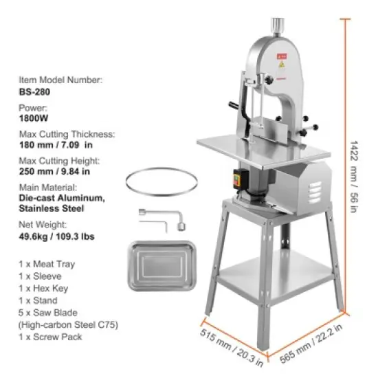 VEVOR Electric Meat Saw, 1800W Stainless Vertical Cutter, 19.1"x15" Workbench, 7.09" Cutting Thickness, Includes 5 Blades image {7}
