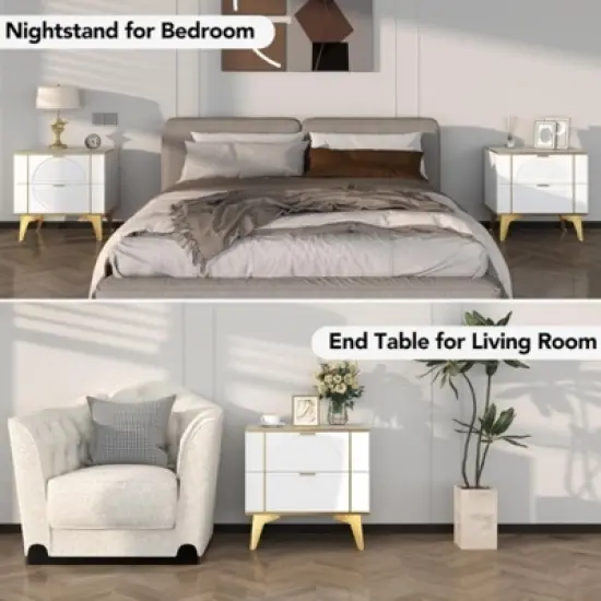 TIRAMISUBEST White Nightstands Set of 2, End Table with 2 Drawers, Night Stand with Metal Legs, Farmhouse Bed Side Table for Living Room, Bedroom image {2}