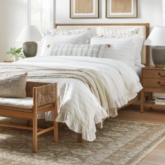 Yarn Dye Stripe with Ruffle Duvet Cover & Sham Set White/Khaki - Threshold&trade; with Studio McGee image {8}