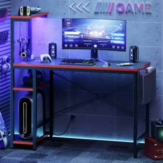 Bestier 44&rdquo; Gaming Desk with Power Outlets & USB Ports, LED PC Gamer Desk with 4-Tier Storage Shelves, Computer Office Desk for Small Spaces image {14}