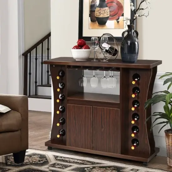 Costway Rolling Buffet Sideboard Wooden Bar Storage Cabinet w/ Wine Rack & Glass Holder image {1}