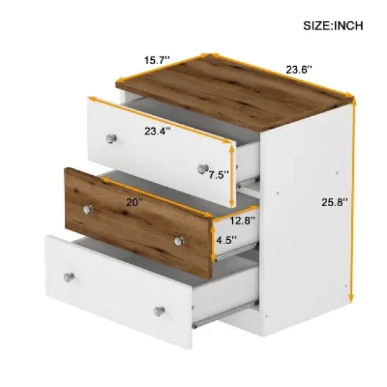 Kumasinova Modern Wood Nightstand with Metal Handles,Night Stand with Drawers,Bedside Table with Colorblock Design,Side Table for Bedroom,Brown+White image {1}