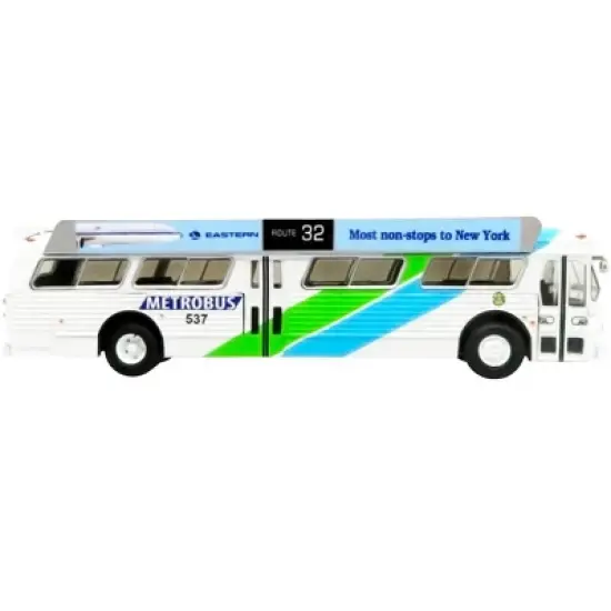 Flxible 53102 Transit Bus #32 "Miami" Metrobus w/Bus-O-Rama Boards White w/Stripes 1/87 (HO) Diecast Model by Iconic Replicas image {1}