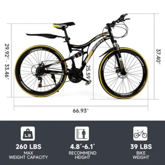 Topteng 21 Speed 26 inches Mountain Bike, Full Suspension MTB for Teenagers- Yellow image {7}