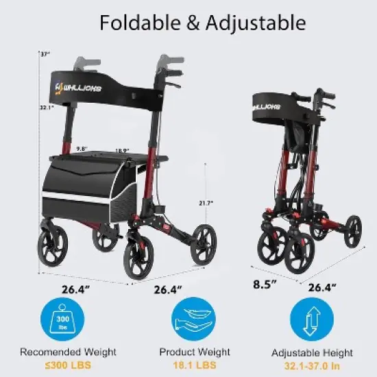 Rollator Walkers with Seat for Seniors, No Assembly Foldable All Terrain Lightweight Durable Aluminum Rolling Walker with Comfortable Backrest image {4}