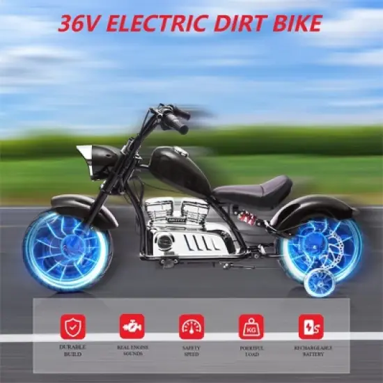 Kids Electric Dirt Bike, 36V Powered Ride On Motorcycle, 350W Torque Motorbike w/Training Wheel, Leather Seat, Music, LED Headlight for Boys Girls image {3}