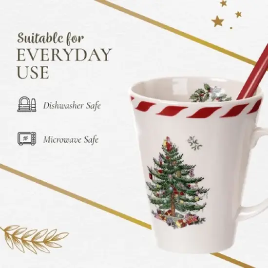 Spode Christmas Tree Peppermint 14oz Mug & Spoon Set (4-Piece) - Festive Earthenware with Candy Cane Motif, Ceramic Mug - Christmas Drinkware image {5}