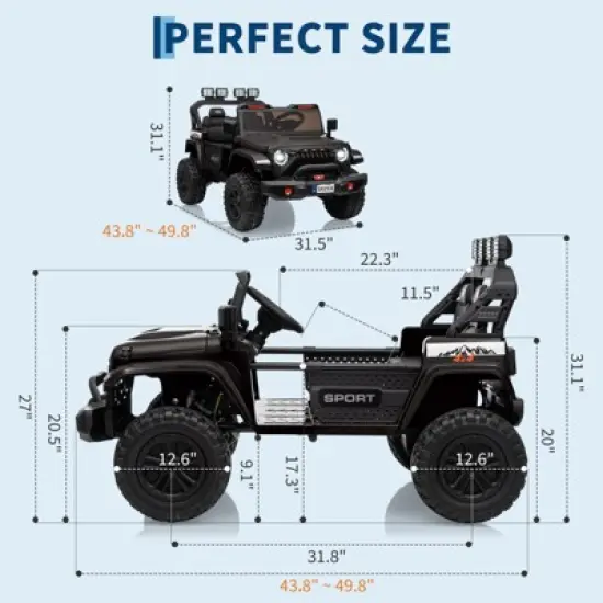 24V Electric Ride On Car for Kids, 4WD 20.5in 2-Seater with Extendable Body, 13in Anti-Slip Tires, LED Lights, Music, Parental Remote, for Ages 3-8 image {7}