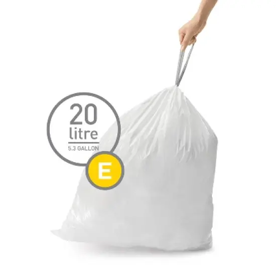 simplehuman 20L Code E Custom Fit Kitchen Trash Bag Liners 3 Quick-Dispense Packs - 60ct: Plastic, Drawstring, White image {1}